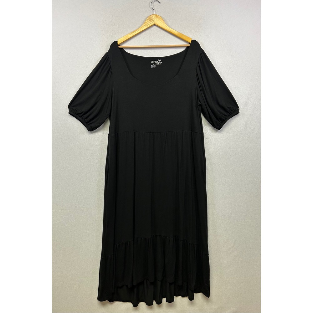 Terra & Sky‎ Boho Cottagecore Women 1X Black Tiered High-Low Puff Sleeve Dress